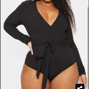 Black Ribbed Tie Waist Bodysuit